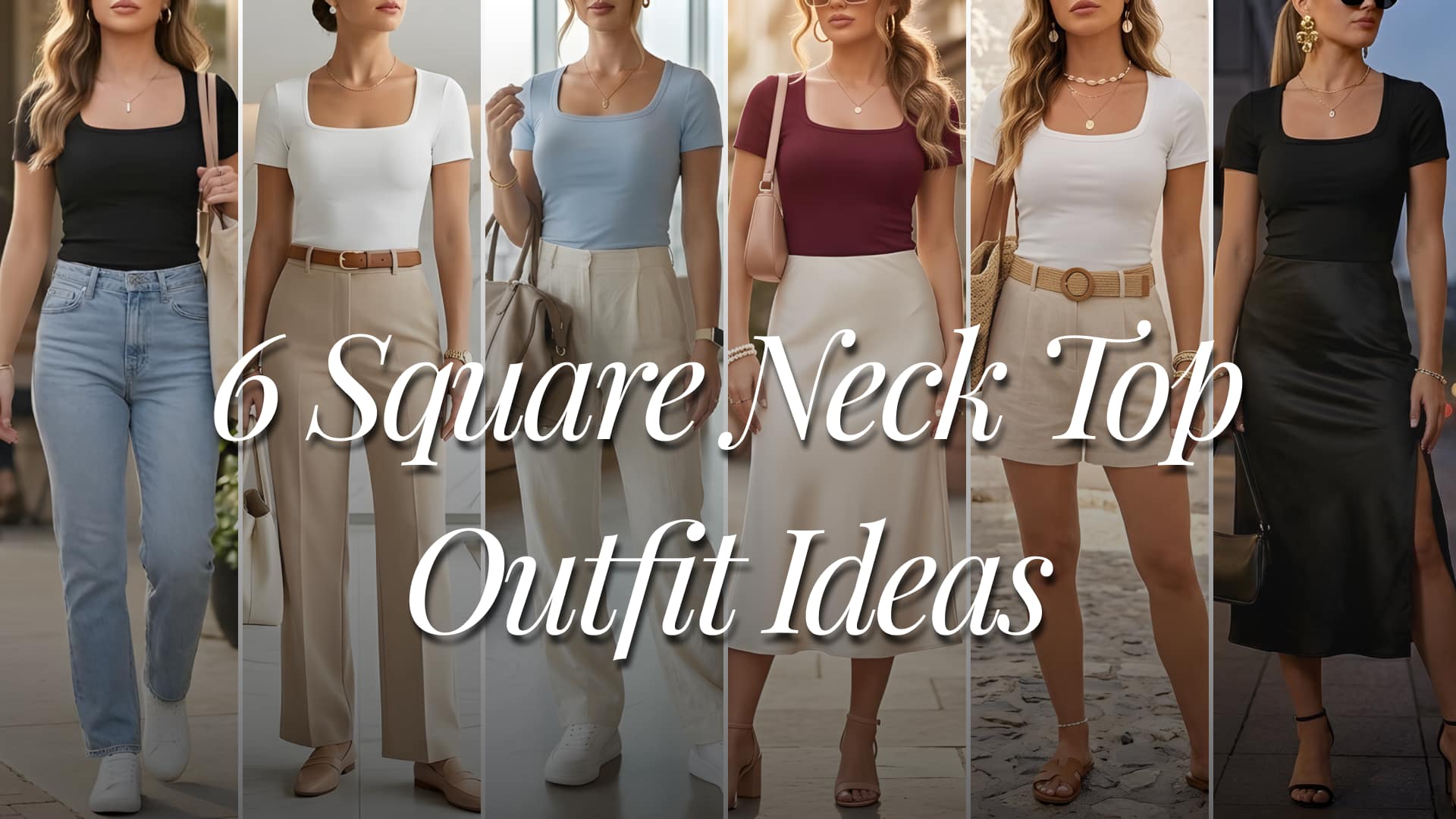A fashion collage featuring six chic American women’s outfits styled with square neck tops from Amazon. Looks include casual jeans and sneakers, office trousers, satin brunch skirts, airport travel pants, euro summer linen shorts, and elegant date-night satin skirts. Clean girl and rich minimal aesthetics with feminine neutral styling in black, cream, beige, denim blue, blush pink, and gold tones. A heading title above the collage says “6 Square Neck Top Outfit Ideas”.