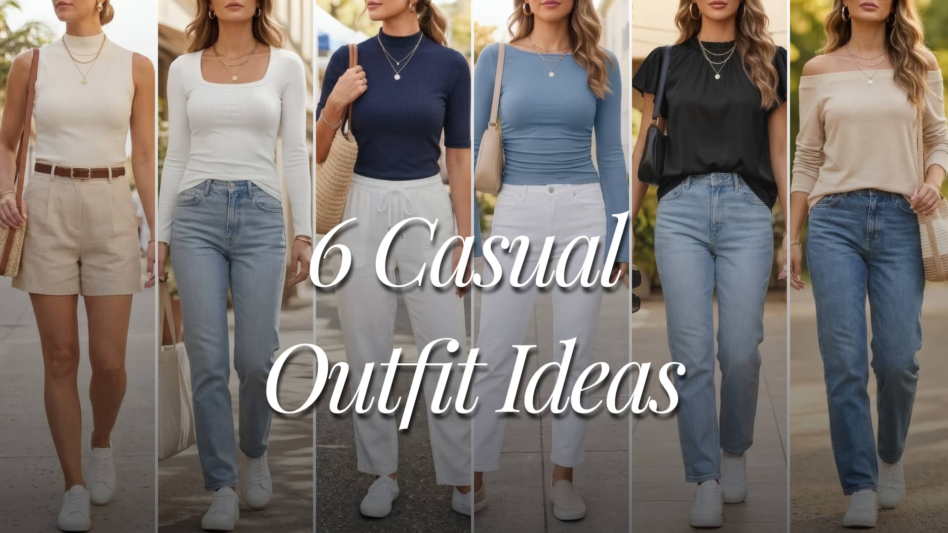 A fashion collage featuring six clean chic feminine American women’s spring and summer casual outfits styled with square neck, ribbed tee, sleeveless top, ruched top, satin blouse, and off shoulder top Amazon fashion finds. Looks include coffee run jeans outfits, relaxed linen pants outfits, coastal shorts outfits, white jeans outfits, casual brunch denim looks, and effortless weekend denim styling. Outfits are styled in white, cream, beige, navy, dusty blue, black, denim blue, and gold tones. A heading title above the collage says “6 Casual Outfit Ideas”.