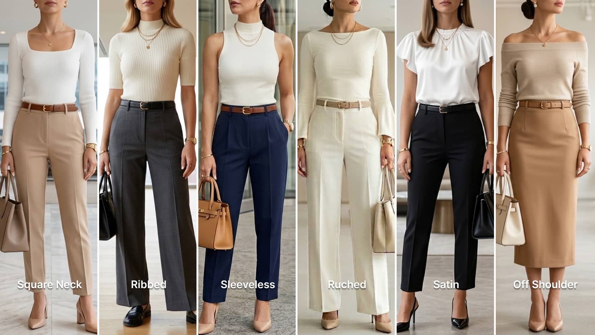 A fashion collage featuring six clean chic feminine American women’s spring office outfits styled with Amazon tops including off shoulder, ribbed, square neck, sleeveless, ruched, and satin styles. Looks include pencil skirts, tailored trousers, blazers, loafers, pumps, structured handbags, and polished workwear accessories. Outfits are styled in beige, camel, cream, ivory, white, navy, charcoal, black, dusty blue, taupe, and gold tones.