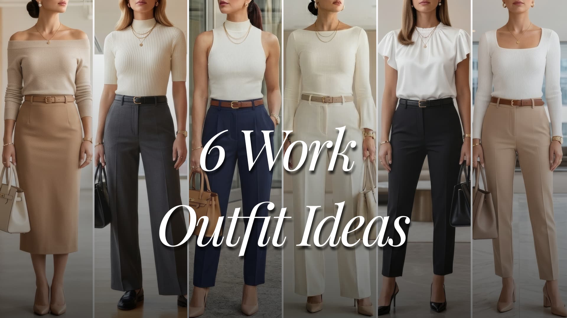A fashion collage featuring six clean chic feminine American women’s spring office outfits styled with Amazon tops including off shoulder, ribbed, square neck, sleeveless, ruched, and satin styles. Looks include pencil skirts, tailored trousers, blazers, loafers, pumps, structured handbags, and polished workwear accessories. Outfits are styled in beige, camel, cream, ivory, white, navy, charcoal, black, dusty blue, taupe, and gold tones. A heading title above the collage says “6 Work Outfit Ideas”.