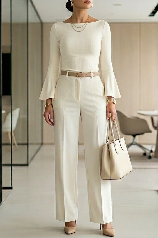 An American woman is in a clean chic spring office outfit style wearing a cream white ruched top from Amazon. She styles her outfit with ivory wide-leg trousers, beige heels, and a cream tote bag inside a modern office space.