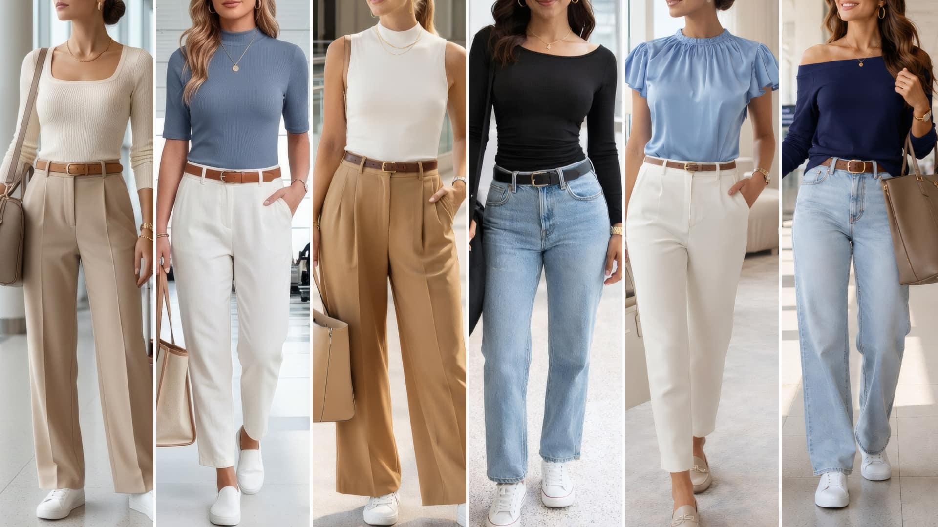 A fashion collage featuring six clean chic feminine American women’s spring travel airport outfits styled with Amazon square neck, ribbed, sleeveless, ruched, satin, and off shoulder tops. Looks include elevated airport trousers, relaxed travel pants, straight-leg jeans, white sneakers, loafers, structured travel totes, and polished accessories designed for stylish travel days. Outfits are styled in cream, beige, ivory, camel, taupe, soft blue, dark blue, black, white, denim blue, and gold tones.