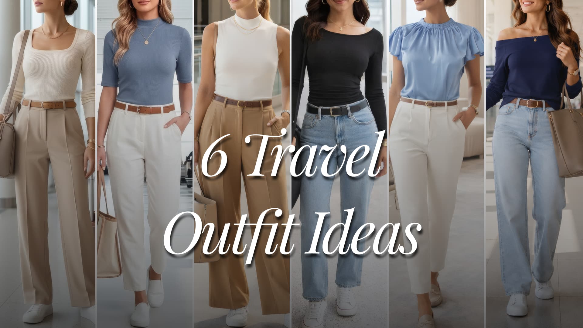 A fashion collage featuring six clean chic feminine American women’s spring travel airport outfits styled with Amazon square neck, ribbed, sleeveless, ruched, satin, and off shoulder tops. Looks include elevated airport trousers, relaxed travel pants, straight-leg jeans, white sneakers, loafers, structured travel totes, and polished accessories designed for stylish travel days. Outfits are styled in cream, beige, ivory, camel, taupe, soft blue, dark blue, black, white, denim blue, and gold tones. A heading title above the collage says “6 Travel Outfit Ideas”.