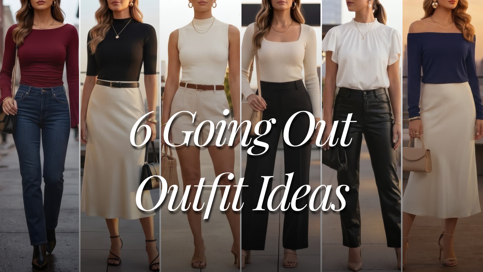 A fashion collage featuring six clean chic feminine American women’s going out outfits styled with Amazon tops including a cream square neck top, black ribbed top, cream sleeveless top, burgundy ruched top, satin flutter sleeve top, and navy off shoulder top. Looks include tailored trousers for rooftop drinks, satin midi skirts for date nights, tailored shorts for sunset city outings, dark wash jeans for evening plans, faux leather pants for cocktail events, and elegant skirts for romantic rooftop dinners. Outfits are styled in cream, black, beige, navy, burgundy, white, denim blue, nude, and gold tones. A heading title above the collage says “6 Going Out Outfit Ideas”.