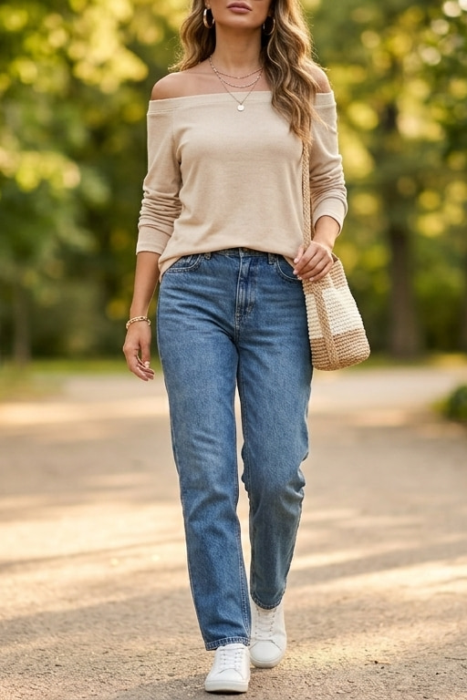 An American woman is in a clean chic spring casual outfit style wearing a beige off shoulder top from Amazon. She styles her outfit with straight-leg jeans and white sneakers on an outdoor park pathway.