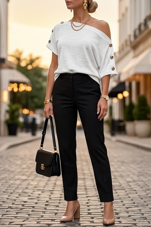 An American woman is in a clean chic spring night out outfit style wearing a white off shoulder top from Amazon. She styles her outfit with black tailored trousers and nude heels in an upscale city restaurant district.