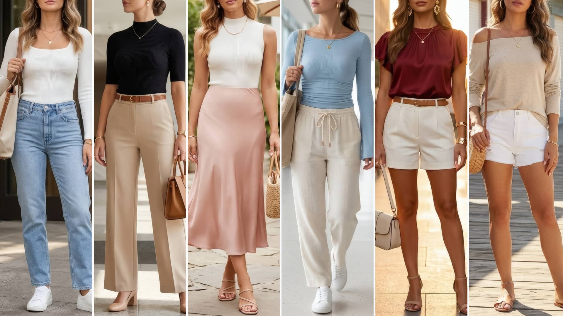 A fashion collage featuring six clean chic feminine American women’s summer outfits styled with Amazon tops including a white square neck top, black ribbed top, white sleeveless top, light blue ruched top, burgundy satin top, and beige off shoulder top. Looks include casual coffee run jeans and sneakers, polished office trousers and heels, romantic brunch satin skirts and sandals, elevated airport linen pants and sneakers, chic going out tailored shorts and heeled sandals, and relaxed coastal denim shorts with slides. Outfits are styled in white, cream, beige, blush pink, black, burgundy, light blue, denim blue, tan, and gold tones.