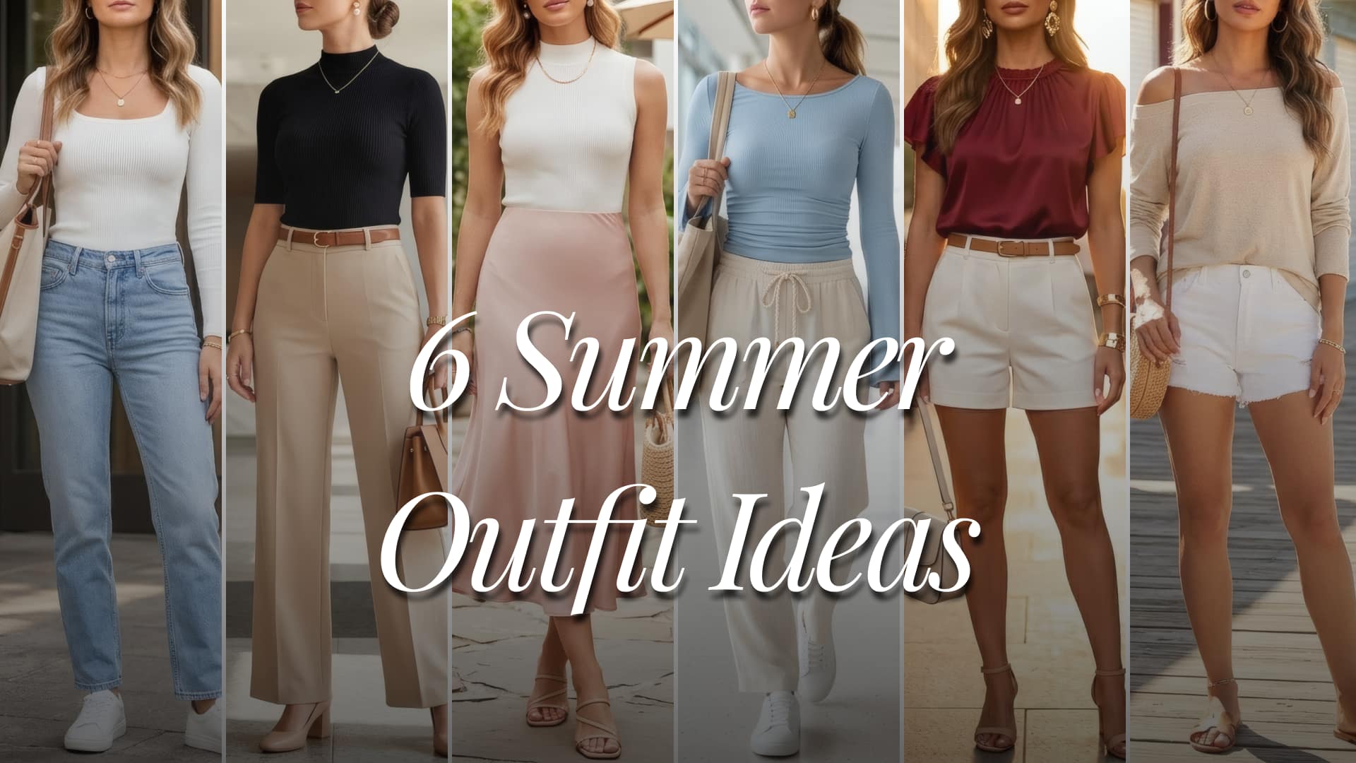 A fashion collage featuring six clean chic feminine American women’s summer outfits styled with Amazon tops including a white square neck top, black ribbed top, white sleeveless top, light blue ruched top, burgundy satin top, and beige off shoulder top. Looks include casual coffee run jeans and sneakers, polished office trousers and heels, romantic brunch satin skirts and sandals, elevated airport linen pants and sneakers, chic going out tailored shorts and heeled sandals, and relaxed coastal denim shorts with slides. Outfits are styled in white, cream, beige, blush pink, black, burgundy, light blue, denim blue, tan, and gold tones. A heading title above the collage says “6 Summer Outfit Ideas”.