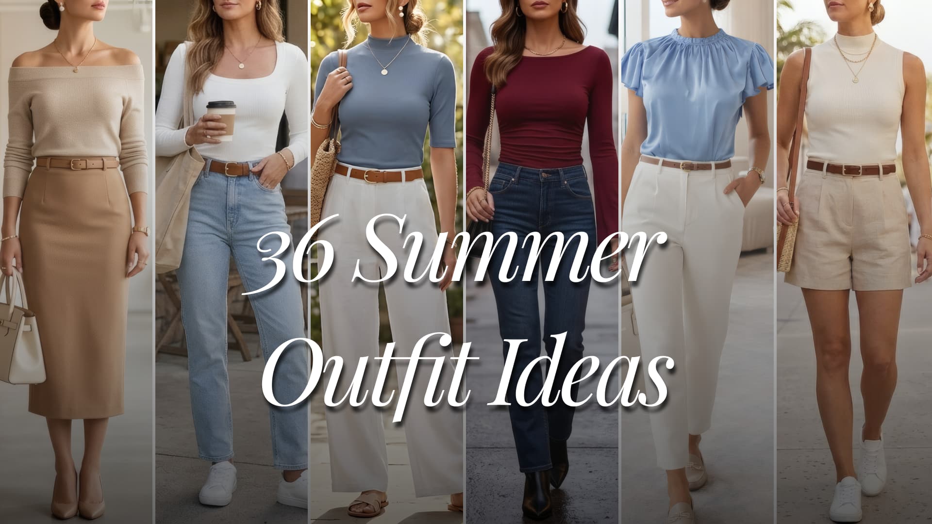 A fashion collage featuring six clean chic feminine American women’s spring and summer outfits styled with Amazon tops including off shoulder, square neck, ribbed, ruched, satin, and sleeveless styles. Looks include a polished office pencil skirt outfit, casual coffee shop jeans outfit, soft brunch linen pants outfit, elevated airport travel trousers outfit, chic city going out denim outfit, and casual coastal shorts outfit. Outfits are styled in beige, camel, cream, white, ivory, soft blue, burgundy, denim blue, black, and gold tones. A heading title above the collage says “36 Summer Outfit Ideas”.