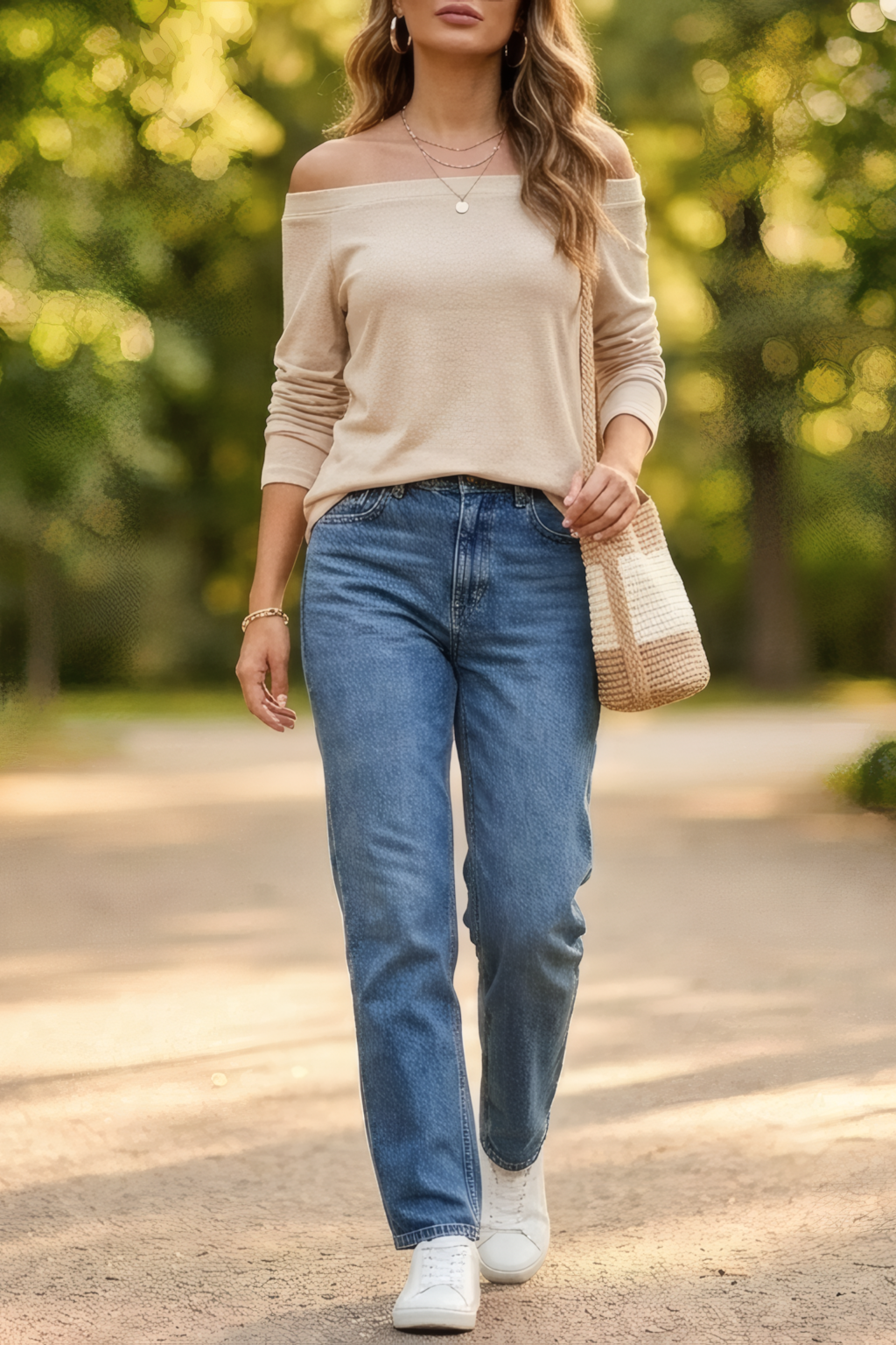 An American woman is in a clean chic spring casual outfit style wearing a beige off shoulder top from Amazon. She styles her outfit with straight-leg jeans and white sneakers on an outdoor park pathway.