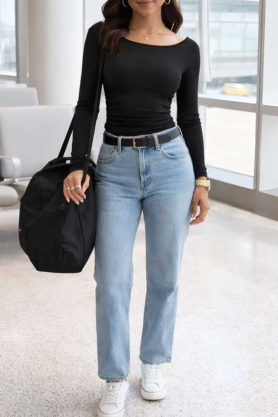 An American woman is in a clean chic spring travel airport outfit style wearing a black ruched top from Amazon. She styles her travel outfit with light wash straight-leg jeans and white sneakers at an airport gate lounge.