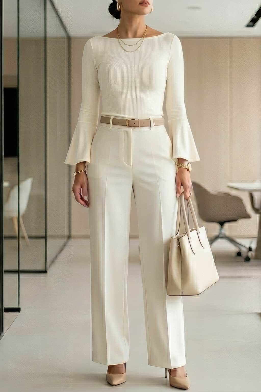 An American woman is in a clean chic spring office outfit style wearing a cream white ruched top from Amazon. She styles her outfit with ivory wide-leg trousers, beige heels, and a cream tote bag inside a modern office space.