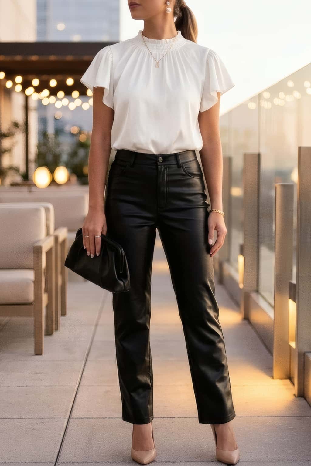 An American woman is in a clean chic going out outfit style wearing a satin top from Amazon. She styles her outfit with black faux leather pants and nude heels at an upscale cocktail bar terrace.