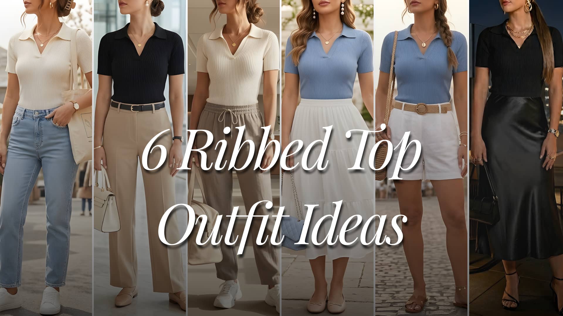 A fashion collage featuring six clean chic American women’s outfits styled with ribbed knit polo tees from Amazon. Looks include casual jeans and sneakers, office wide-leg trousers, feminine midi skirts, airport travel linen pants, coastal euro summer linen shorts, and elegant satin date-night skirts. Clean girl and rich minimal aesthetics with feminine neutral styling in black, cream, beige, white, denim blue, taupe, and gold tones. A heading title above the collage says “6 Ribbed Top Outfit Ideas”.
