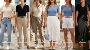A fashion collage featuring six clean chic American women’s outfits styled with ribbed knit polo tees from Amazon. Looks include casual jeans and sneakers, office wide-leg trousers, feminine midi skirts, airport travel linen pants, coastal euro summer linen shorts, and elegant satin date-night skirts. Clean girl and rich minimal aesthetics with feminine neutral styling in black, cream, beige, white, denim blue, taupe, and gold tones.