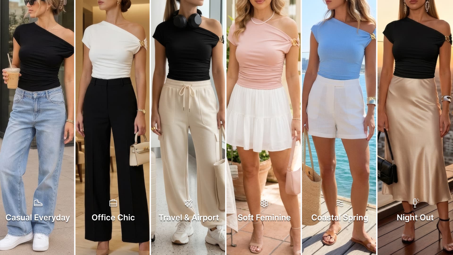 A fashion collage featuring six clean chic American women’s outfits styled with ruched blouses from Amazon. Looks include casual straight-leg jeans and sneakers, tailored black trousers with heels, feminine mini skirts and sandals, coastal linen shorts, airport wide-leg joggers, and elegant satin midi skirts for date nights. Clean girl and rich minimal aesthetics with feminine neutral styling in black, white, blush pink, baby blue, cream, beige, champagne, denim blue, and gold tones.