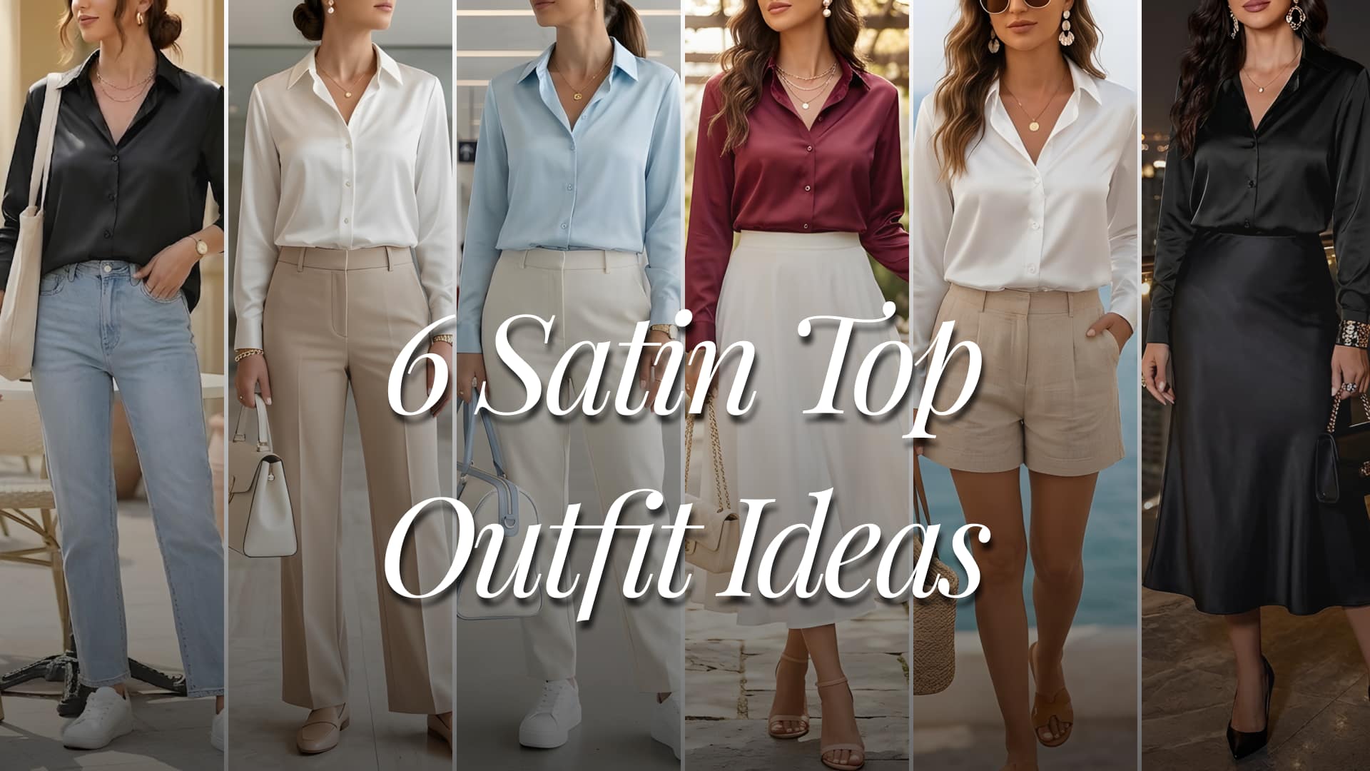 A fashion collage featuring six clean chic American women’s outfits styled with satin blouses from Amazon. Looks include casual jeans and white sneakers, tailored office trousers and loafers, romantic midi skirts and sandals, elevated airport trousers with oversized blazers, coastal euro summer linen shorts, and elegant satin dinner skirts with heels. Clean girl and rich minimal aesthetics with feminine neutral styling in black, cream, beige, white, burgundy, light blue, denim blue, and gold tones. A heading title above the collage says “6 Satin Top Outfit Ideas”.