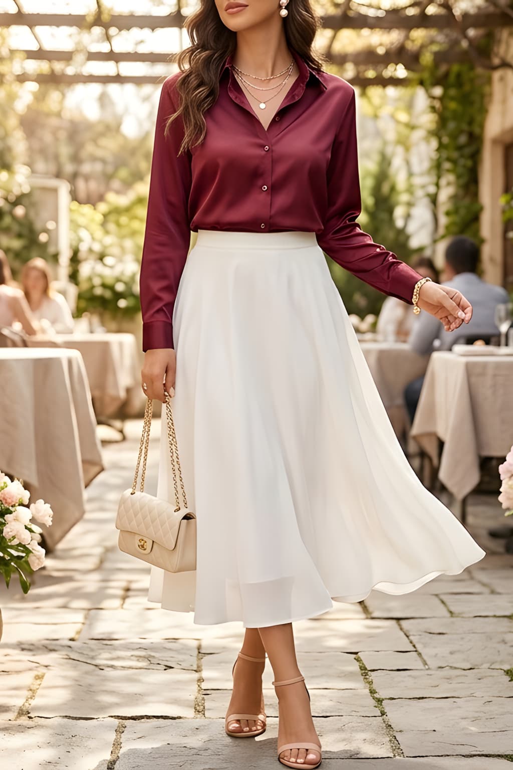 An American woman is in a soft feminine spring outfit style wearing a burgundy satin blouse from Amazon—she styles her outfit with a white midi skirt and nude sandals at an outdoor brunch patio.
