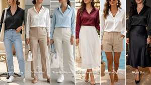 A fashion collage featuring six clean chic American women’s outfits styled with satin blouses from Amazon. Looks include casual jeans and white sneakers, tailored office trousers and loafers, romantic midi skirts and sandals, elevated airport trousers with oversized blazers, coastal euro summer linen shorts, and elegant satin dinner skirts with heels. Clean girl and rich minimal aesthetics with feminine neutral styling in black, cream, beige, white, burgundy, light blue, denim blue, and gold tones.