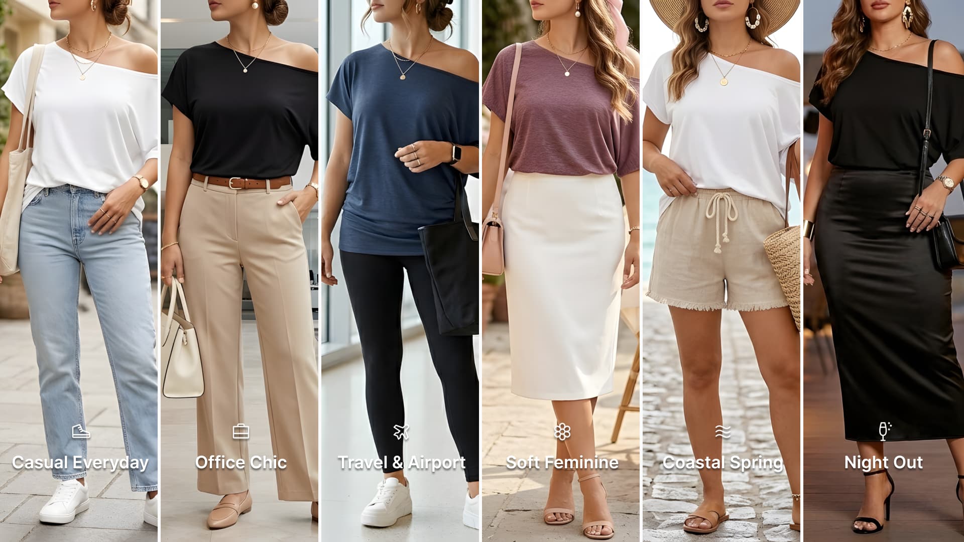 A fashion collage featuring six clean chic American women’s outfits styled with off shoulder tops from Amazon. Looks include casual jeans and white sneakers, tailored office trousers and loafers, romantic white skirts and sandals, elevated airport leggings with chunky sneakers, coastal euro summer linen shorts, and elegant satin dinner skirts with heels. Clean girl and rich minimal aesthetics with feminine neutral styling in black, white, beige, mauve, navy, denim blue, blush pink, and gold tones.