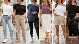 A fashion collage featuring six clean chic American women’s outfits styled with off shoulder tops from Amazon. Looks include casual jeans and white sneakers, tailored office trousers and loafers, romantic white skirts and sandals, elevated airport leggings with chunky sneakers, coastal euro summer linen shorts, and elegant satin dinner skirts with heels. Clean girl and rich minimal aesthetics with feminine neutral styling in black, white, beige, mauve, navy, denim blue, blush pink, and gold tones.